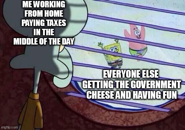 Me working from home paying taxes in the middle of the day | ME WORKING FROM HOME PAYING TAXES IN THE MIDDLE OF THE DAY; EVERYONE ELSE  GETTING THE GOVERNMENT CHEESE AND HAVING FUN | image tagged in squidward window,politics,work,welfare,taxes,work from home | made w/ Imgflip meme maker