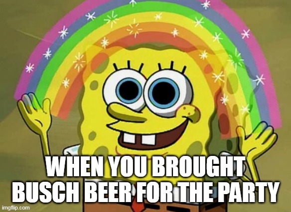 When you brought busch beer for the party | WHEN YOU BROUGHT BUSCH BEER FOR THE PARTY | image tagged in memes,imagination spongebob,rainbow,beer,funny | made w/ Imgflip meme maker