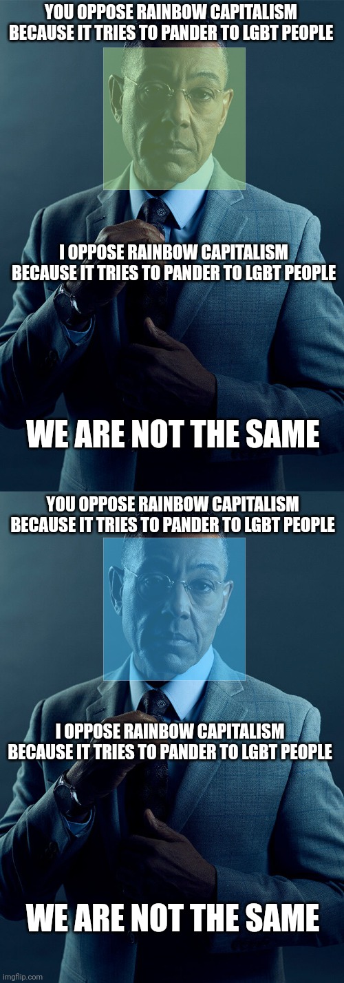 Both the lib-left and the auth-right have their reasons for opposing rainbow capitalism | YOU OPPOSE RAINBOW CAPITALISM BECAUSE IT TRIES TO PANDER TO LGBT PEOPLE; I OPPOSE RAINBOW CAPITALISM BECAUSE IT TRIES TO PANDER TO LGBT PEOPLE; WE ARE NOT THE SAME; YOU OPPOSE RAINBOW CAPITALISM BECAUSE IT TRIES TO PANDER TO LGBT PEOPLE; I OPPOSE RAINBOW CAPITALISM BECAUSE IT TRIES TO PANDER TO LGBT PEOPLE; WE ARE NOT THE SAME | image tagged in gus fring we are not the same,political compass,lgbtq,liberal vs conservative | made w/ Imgflip meme maker