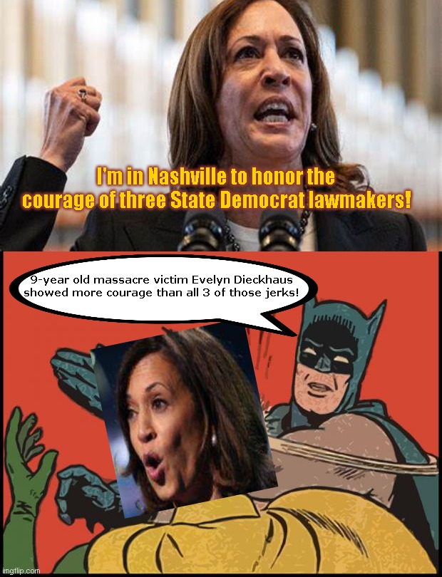 In Shadow of Murderous Nashville Hate Crime, Batman Confronts the Giggler | I'm in Nashville to honor the courage of three State Democrat lawmakers! 9-year old massacre victim Evelyn Dieckhaus showed more courage than all 3 of those jerks! | image tagged in batman slapping robin no bubbles,kamala harris,nashville,covenant school shooting,remember evelyn dieckhaus,dems exploit tragedy | made w/ Imgflip meme maker