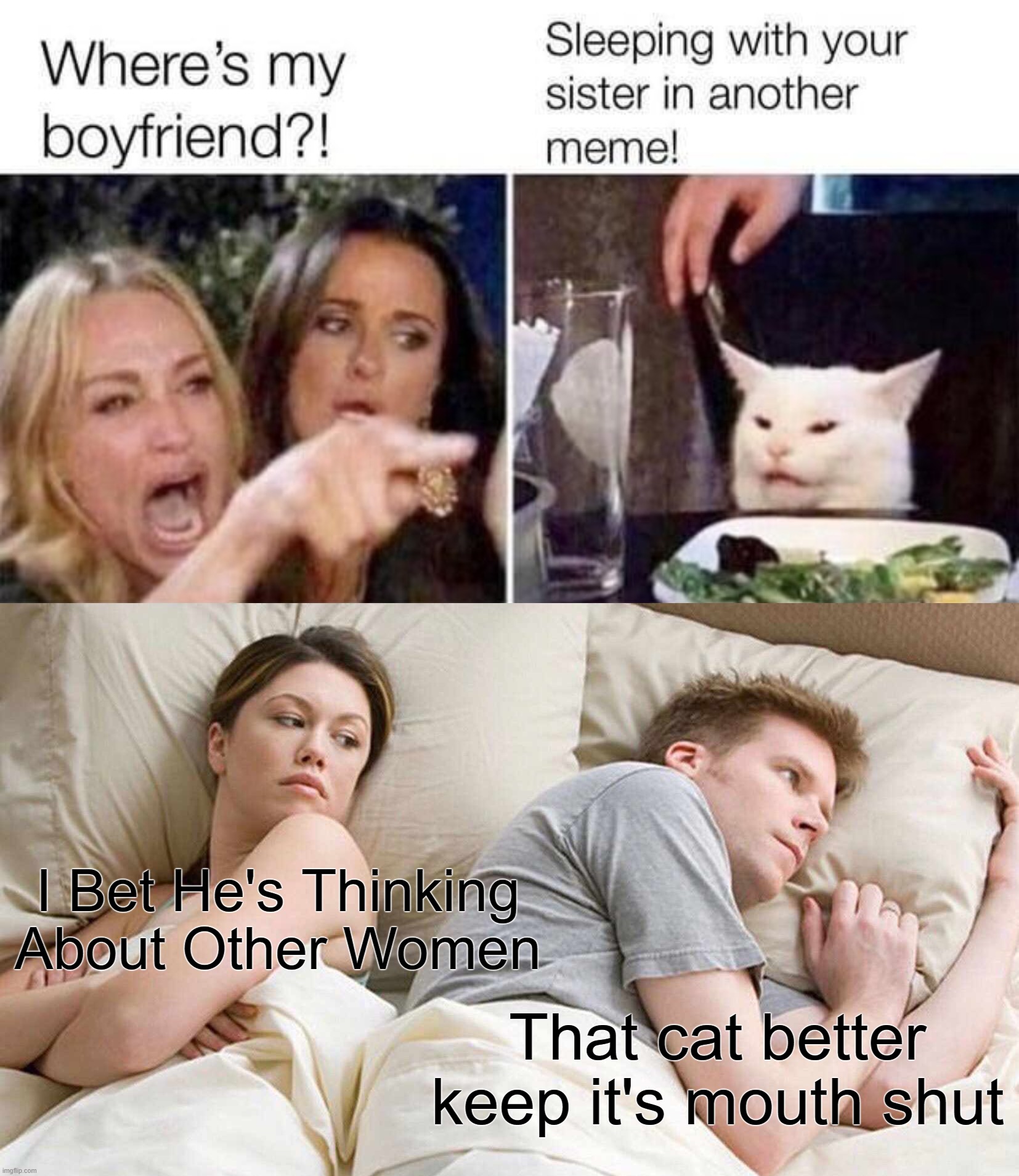 I Bet He's Thinking About Other Women; That cat better keep it's mouth shut | image tagged in memes,i bet he's thinking about other women | made w/ Imgflip meme maker