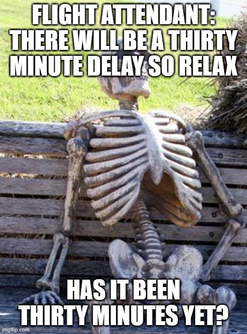 bruh | FLIGHT ATTENDANT: THERE WILL BE A THIRTY MINUTE DELAY SO RELAX; HAS IT BEEN THIRTY MINUTES YET? | image tagged in memes,waiting skeleton | made w/ Imgflip meme maker
