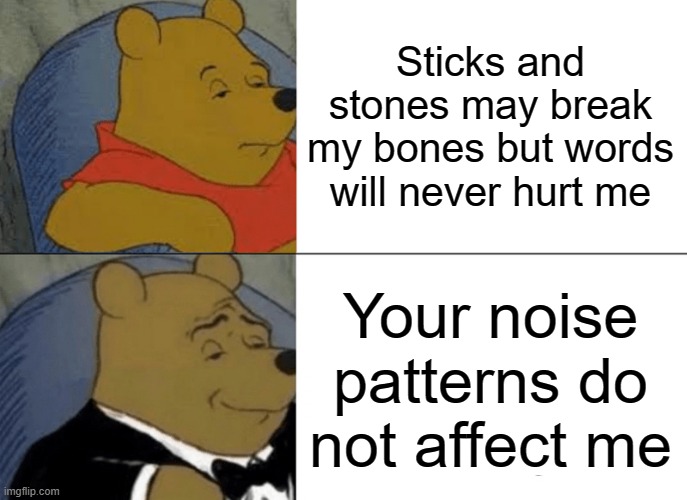 noise patterns | Sticks and stones may break my bones but words will never hurt me; Your noise patterns do not affect me | image tagged in memes,tuxedo winnie the pooh | made w/ Imgflip meme maker