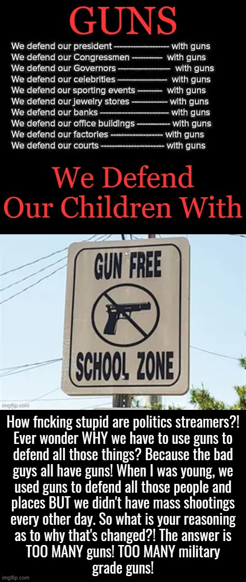 some people just cant use common sense... | How fncking stupid are politics streamers?!
Ever wonder WHY we have to use guns to
defend all those things? Because the bad
guys all have guns! When I was young, we
used guns to defend all those people and
places BUT we didn't have mass shootings
every other day. So what is your reasoning
as to why that's changed?! The answer is
TOO MANY guns! TOO MANY military
grade guns! | image tagged in politics,streamer,special kind of stupid | made w/ Imgflip meme maker