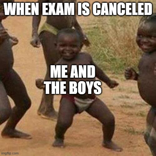 I was bored so this came out | WHEN EXAM IS CANCELED; ME AND THE BOYS | image tagged in memes,third world success kid | made w/ Imgflip meme maker