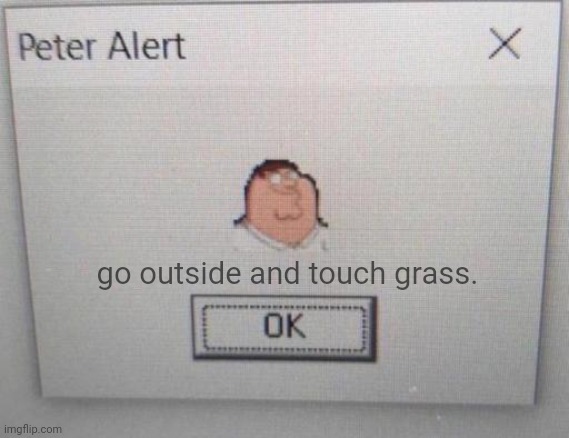 go outside and touch grass. | image tagged in funny,memes,peter griffin,touch grass | made w/ Imgflip meme maker