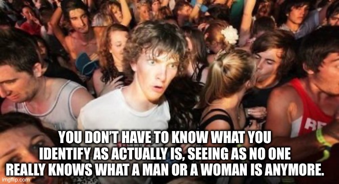 Sudden Clarity Clarence | YOU DON’T HAVE TO KNOW WHAT YOU IDENTIFY AS ACTUALLY IS, SEEING AS NO ONE REALLY KNOWS WHAT A MAN OR A WOMAN IS ANYMORE. | image tagged in memes,sudden clarity clarence | made w/ Imgflip meme maker