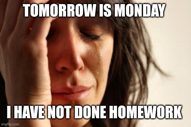 First World Problems | TOMORROW IS MONDAY; I HAVE NOT DONE HOMEWORK | image tagged in memes,first world problems | made w/ Imgflip meme maker