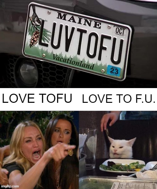 Either way is obscene. | LOVE TO F.U. LOVE TOFU | image tagged in memes,woman yelling at cat,luvtofu,tofu,love,vanity plate | made w/ Imgflip meme maker