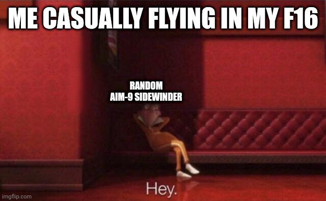 Hey. | ME CASUALLY FLYING IN MY F16; RANDOM AIM-9 SIDEWINDER | image tagged in hey | made w/ Imgflip meme maker