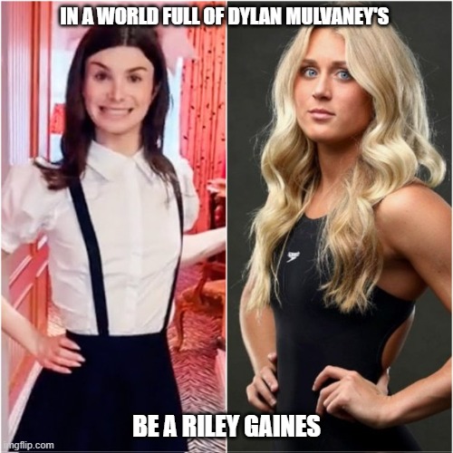 In a world full of Dylan Mulvaney's, be a Riley Gaines | IN A WORLD FULL OF DYLAN MULVANEY'S; BE A RILEY GAINES | image tagged in dylan mulvaney,riley gaines | made w/ Imgflip meme maker