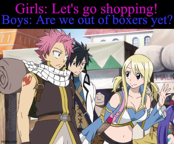 Fairy Tail Meme | Girls: Let's go shopping! Boys: Are we out of boxers yet? | image tagged in memes,fairy tail,anime meme,fairy tail memes,fairy tail meme,natsu dragneel | made w/ Imgflip meme maker