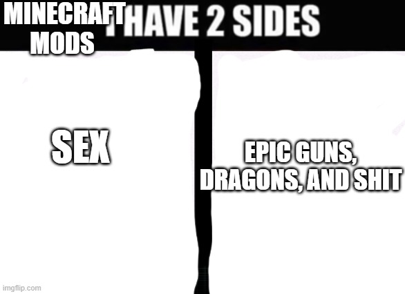 i have 2 sides | MINECRAFT MODS EPIC GUNS, DRAGONS, AND SHIT SEX | image tagged in i have 2 sides | made w/ Imgflip meme maker