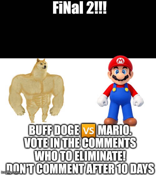 Finale | FiNal 2!!! BUFF DOGE 🆚 MARIO. VOTE IN THE COMMENTS WHO TO ELIMINATE! DON'T COMMENT AFTER 10 DAYS | image tagged in challenge,fun | made w/ Imgflip meme maker