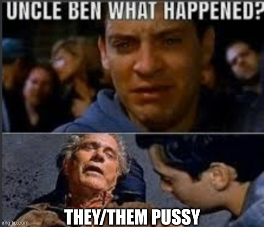 Uncle ben what happened | THEY/THEM PUSSY | image tagged in uncle ben what happened | made w/ Imgflip meme maker