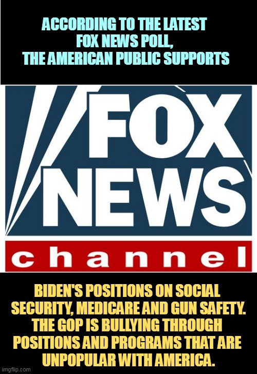 That's why Republicans create silly culture wars. Nobody likes them on the important stuff. | ACCORDING TO THE LATEST 
FOX NEWS POLL, 
THE AMERICAN PUBLIC SUPPORTS; BIDEN'S POSITIONS ON SOCIAL 
SECURITY, MEDICARE AND GUN SAFETY.
THE GOP IS BULLYING THROUGH 
POSITIONS AND PROGRAMS THAT ARE 
UNPOPULAR WITH AMERICA. | image tagged in fox news,americans,hate,republicans | made w/ Imgflip meme maker
