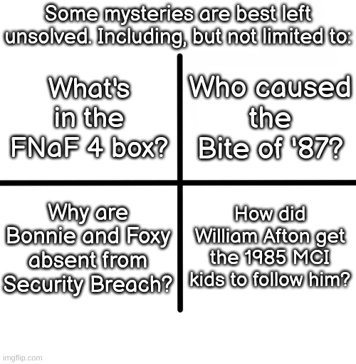 This exists because yes. | Some mysteries are best left unsolved. Including, but not limited to:; Who caused the Bite of '87? What's in the FNaF 4 box? Why are Bonnie and Foxy absent from Security Breach? How did William Afton get the 1985 MCI kids to follow him? | image tagged in memes,blank starter pack | made w/ Imgflip meme maker