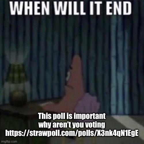 It’s based off my username | This poll is important why aren’t you voting
https://strawpoll.com/polls/X3nk4qN1EgE | image tagged in when will it end | made w/ Imgflip meme maker
