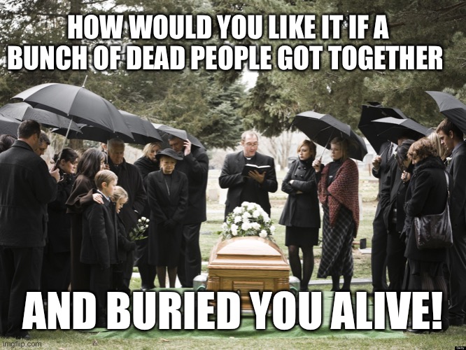 Funeral | HOW WOULD YOU LIKE IT IF A BUNCH OF DEAD PEOPLE GOT TOGETHER; AND BURIED YOU ALIVE! | image tagged in funeral | made w/ Imgflip meme maker