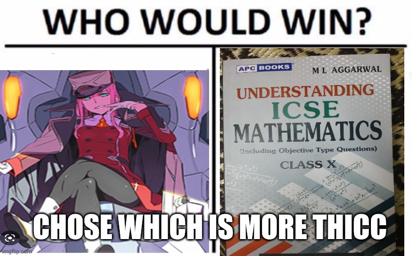 My maths book is thicker than any anime girl | CHOSE WHICH IS MORE THICC | image tagged in zero two,maths,memes | made w/ Imgflip meme maker