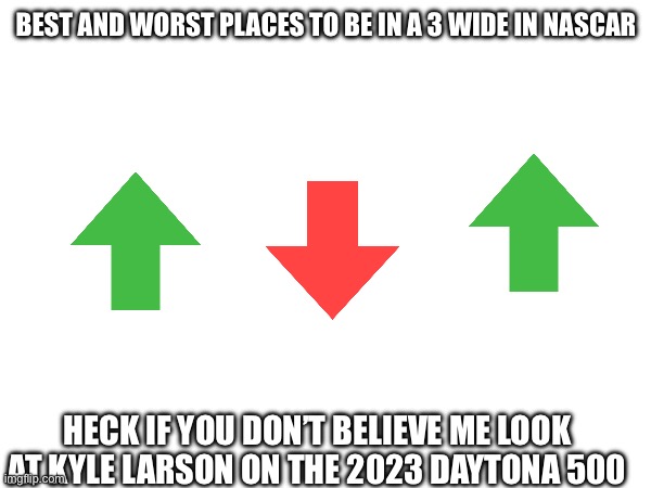 The right places to be in a 3 wide | BEST AND WORST PLACES TO BE IN A 3 WIDE IN NASCAR; HECK IF YOU DON’T BELIEVE ME LOOK AT KYLE LARSON ON THE 2023 DAYTONA 500 | image tagged in nascar | made w/ Imgflip meme maker