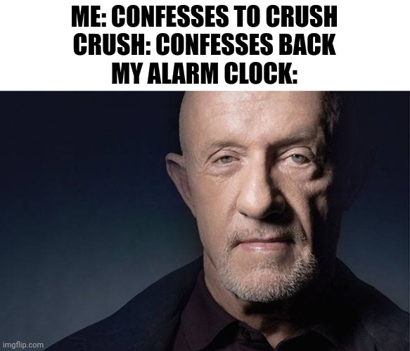 . | ME: CONFESSES TO CRUSH
CRUSH: CONFESSES BACK
MY ALARM CLOCK: | image tagged in kid named | made w/ Imgflip meme maker