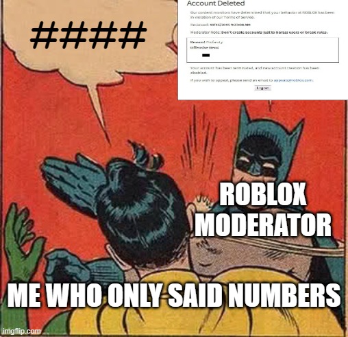 normal ban from roblox | ####; ROBLOX MODERATOR; ME WHO ONLY SAID NUMBERS | image tagged in memes,batman slapping robin,funny | made w/ Imgflip meme maker