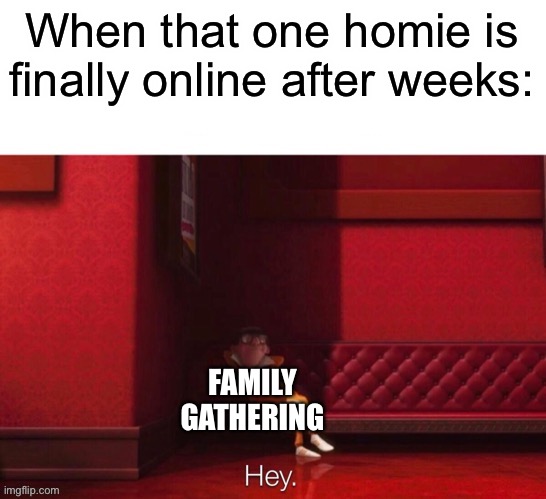 Every damn time | When that one homie is finally online after weeks:; FAMILY GATHERING | image tagged in vector hey | made w/ Imgflip meme maker