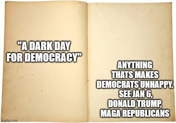 Dictionary meme | ANYTHING THATS MAKES DEMOCRATS UNHAPPY.  SEE JAN 6, DONALD TRUMP, MAGA REPUBLICANS; "A DARK DAY FOR DEMOCRACY" | image tagged in dictionary meme | made w/ Imgflip meme maker