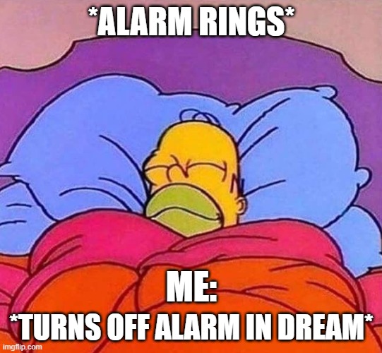 Homer Simpson sleeping peacefully | *ALARM RINGS*; *TURNS OFF ALARM IN DREAM*; ME: | image tagged in homer simpson sleeping peacefully,alarm clock,alarm,wake up | made w/ Imgflip meme maker