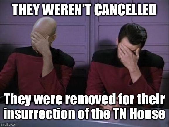 Double Facepalm | THEY WEREN’T CANCELLED They were removed for their insurrection of the TN House | image tagged in double facepalm | made w/ Imgflip meme maker