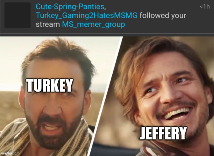 Frik and Frak | TURKEY; JEFFERY | image tagged in nick cage and pedro pascal | made w/ Imgflip meme maker