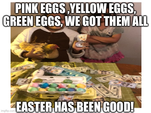 Easter has been good | PINK EGGS ,YELLOW EGGS, GREEN EGGS, WE GOT THEM ALL; EASTER HAS BEEN GOOD! | image tagged in easter eggs | made w/ Imgflip meme maker