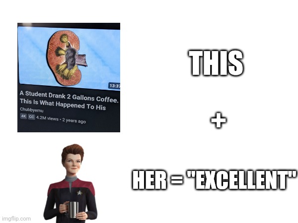 2 gallons of what?!?! | THIS; +; HER = "EXCELLENT" | image tagged in star trek,star trek voyager,memes,coffee,medical,funny | made w/ Imgflip meme maker