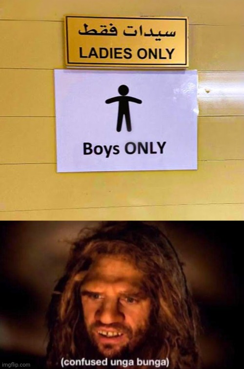 Ladies only, boys only | image tagged in confused unga bunga,you had one job,irony,memes,ladies,boys | made w/ Imgflip meme maker