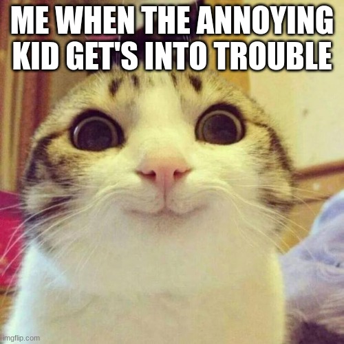 e | ME WHEN THE ANNOYING KID GET'S INTO TROUBLE | image tagged in memes,smiling cat,school | made w/ Imgflip meme maker