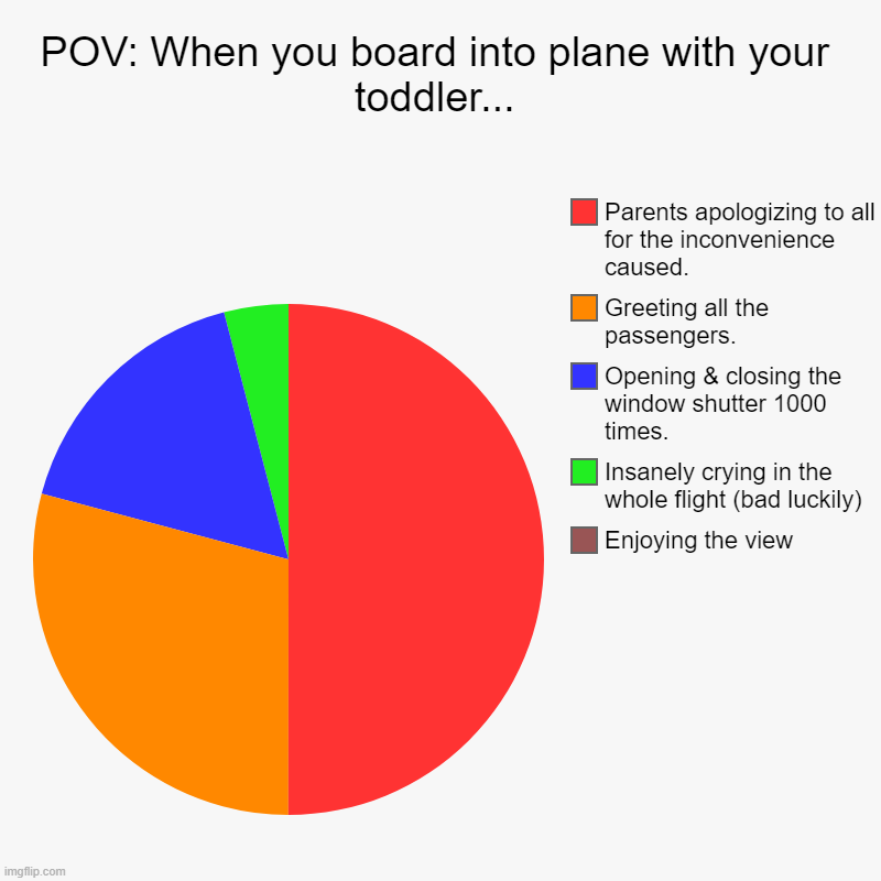 POV: When you board into plane with your toddler... | POV: When you board into plane with your toddler... | Enjoying the view, Insanely crying in the whole flight (bad luckily) , Opening & closi | image tagged in charts,pie charts | made w/ Imgflip chart maker