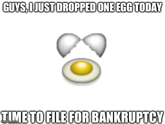 Blank White Template | GUYS, I JUST DROPPED ONE EGG TODAY; TIME TO FILE FOR BANKRUPTCY | image tagged in blank white template | made w/ Imgflip meme maker