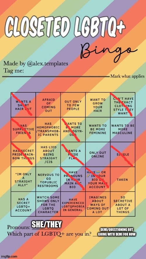 Lgbtq | SHE/THEY; DEMI/QUESTIONING BUT GOING WITH DEMI FOR NOW | image tagged in closeted lgbtq bingo | made w/ Imgflip meme maker