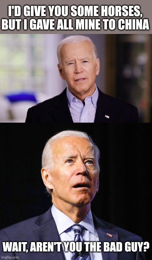 I'D GIVE YOU SOME HORSES, BUT I GAVE ALL MINE TO CHINA WAIT, AREN'T YOU THE BAD GUY? | image tagged in joe biden 2020,joe biden | made w/ Imgflip meme maker