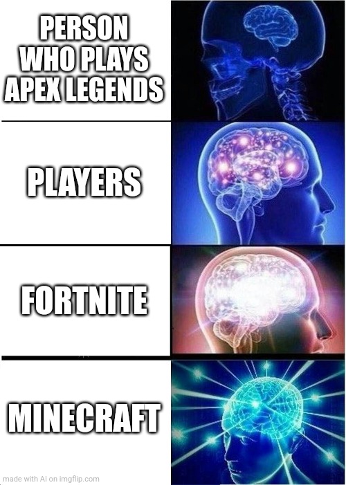 It finally got it right!! | PERSON WHO PLAYS APEX LEGENDS; PLAYERS; FORTNITE; MINECRAFT | image tagged in memes,expanding brain,ai meme,minecraft,fortnite,apex legends | made w/ Imgflip meme maker