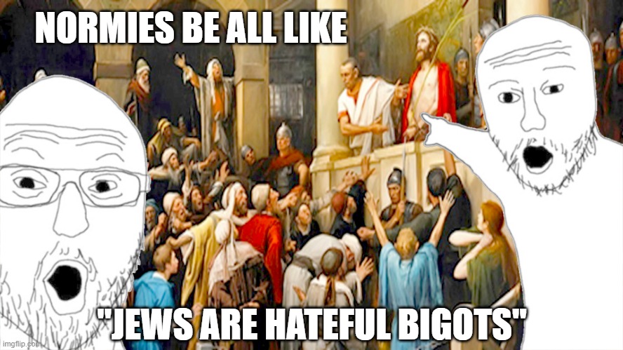 Normies be all like... | NORMIES BE ALL LIKE; "JEWS ARE HATEFUL BIGOTS" | image tagged in normies,jews,hateful,christophobic,bigots,bigotry | made w/ Imgflip meme maker
