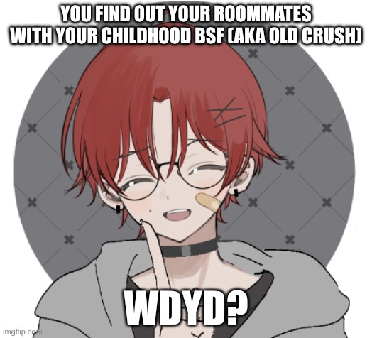 just basic rules, could be moved to memechat. i prefer males for this oc (his name is Elijah or Eli for short). but anyone is ok | YOU FIND OUT YOUR ROOMMATES WITH YOUR CHILDHOOD BSF (AKA OLD CRUSH); WDYD? | image tagged in roleplaying | made w/ Imgflip meme maker