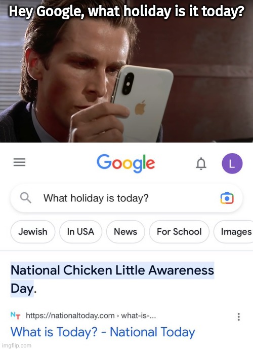 National Chicken Little Awareness day? | Hey Google, what holiday is it today? | image tagged in memes | made w/ Imgflip meme maker