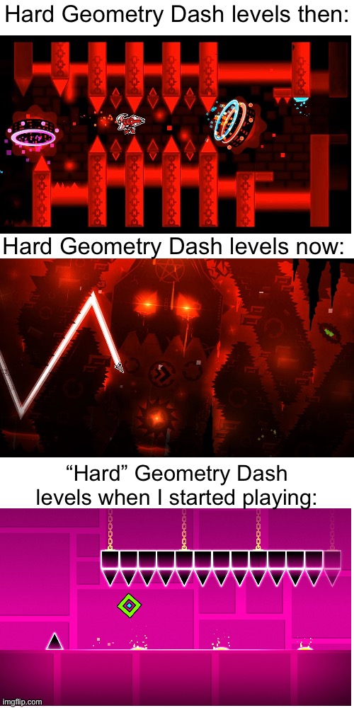 Remember Geometry Dash? | Hard Geometry Dash levels then:; Hard Geometry Dash levels now:; “Hard” Geometry Dash levels when I started playing: | image tagged in geometry dash,gaming,memes,funny | made w/ Imgflip meme maker