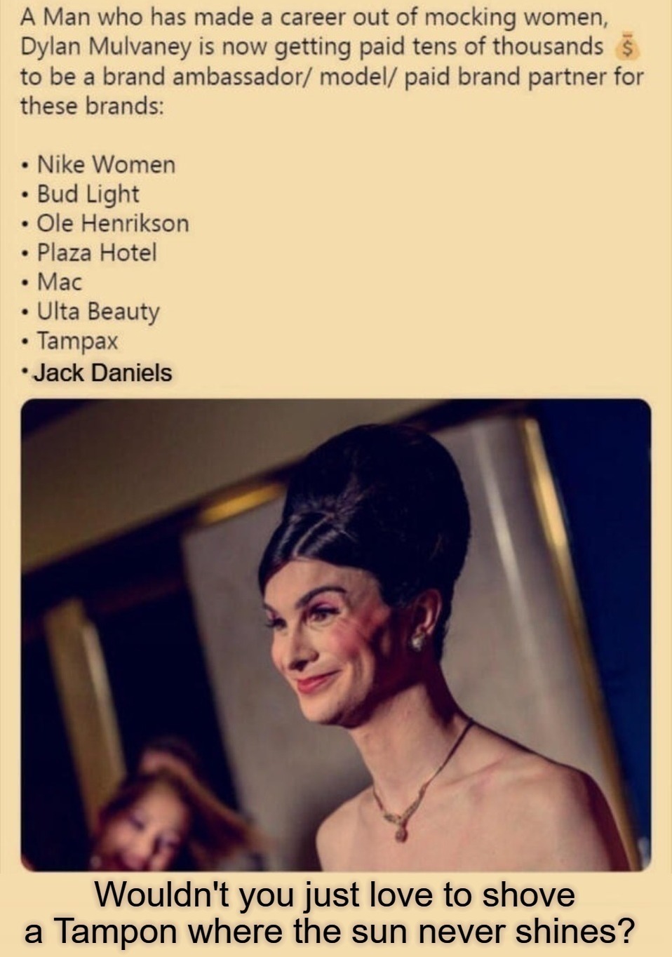 Dylan Mulvaney Sponsors Boycott List | image tagged in budweiser boycott,nike boycott,jack daniels boycott,tampax boycott,tired of hearing about transgenders | made w/ Imgflip meme maker