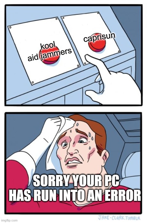 kool aid vs caprisun | caprisun; kool aid jammers; SORRY YOUR PC HAS RUN INTO AN ERROR | image tagged in memes,two buttons | made w/ Imgflip meme maker