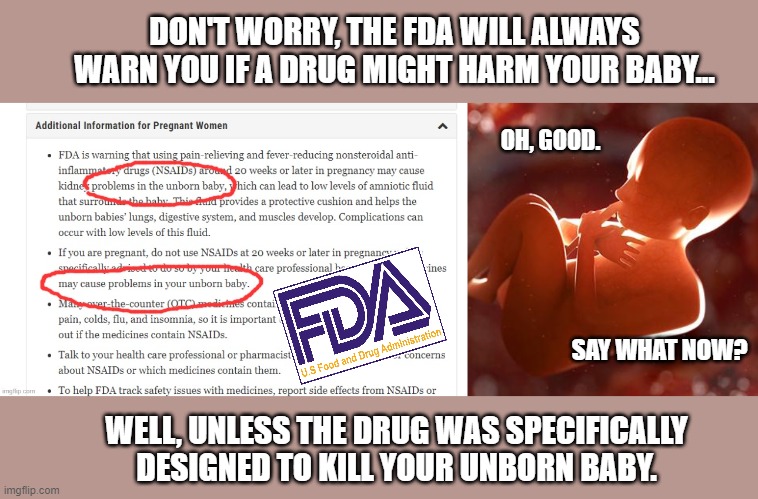How did abortion pills get FDA approval?? | DON'T WORRY, THE FDA WILL ALWAYS WARN YOU IF A DRUG MIGHT HARM YOUR BABY... OH, GOOD. SAY WHAT NOW? WELL, UNLESS THE DRUG WAS SPECIFICALLY DESIGNED TO KILL YOUR UNBORN BABY. | image tagged in thinking fetus,abortion is murder,right to life,babies,fda logic | made w/ Imgflip meme maker