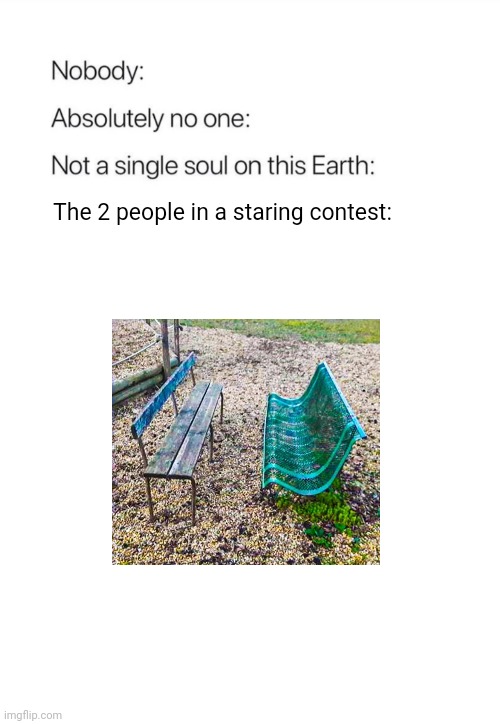 The staring contest | The 2 people in a staring contest: | image tagged in nobody absolutely no one,staring contest,bench,benches,memes,meme | made w/ Imgflip meme maker
