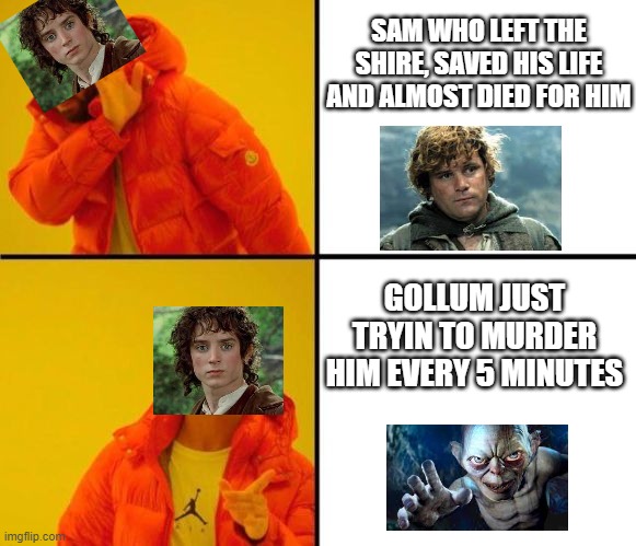 Drake (CrystalBot) | SAM WHO LEFT THE SHIRE, SAVED HIS LIFE AND ALMOST DIED FOR HIM; GOLLUM JUST TRYIN TO MURDER HIM EVERY 5 MINUTES | image tagged in drake crystalbot | made w/ Imgflip meme maker